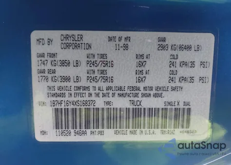 1999 Dodge Ram 1500 St из США, поврежденный, VIN 1B7HF16Y4XS168372